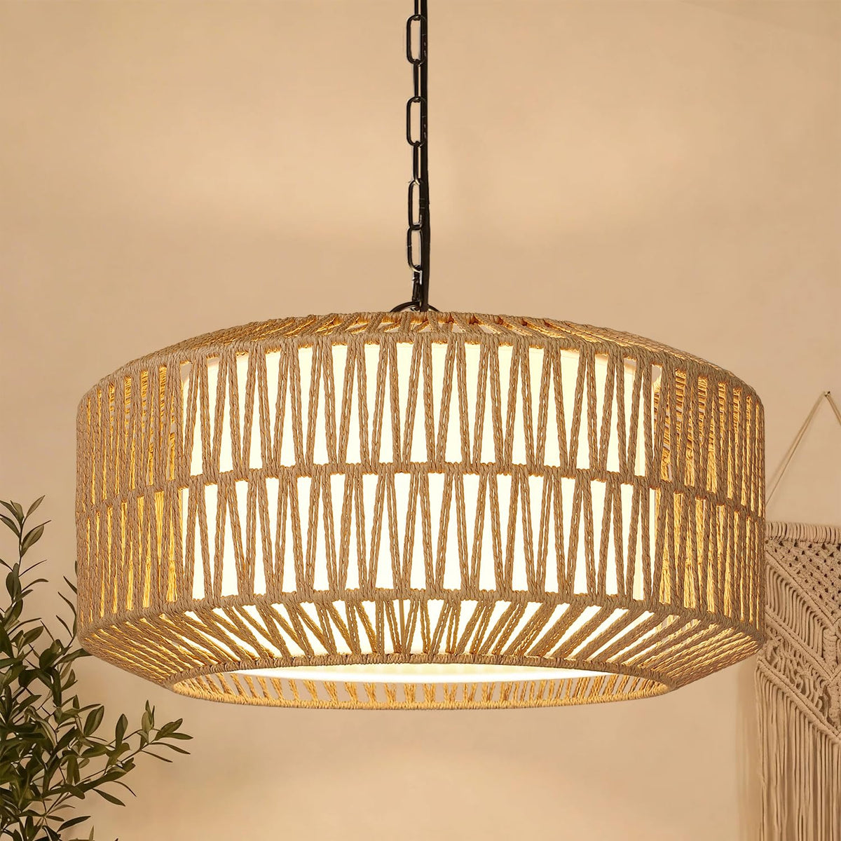 Lynnoland Farmhouse Chandelier with rope design illuminates dining areas with warm ambience.
