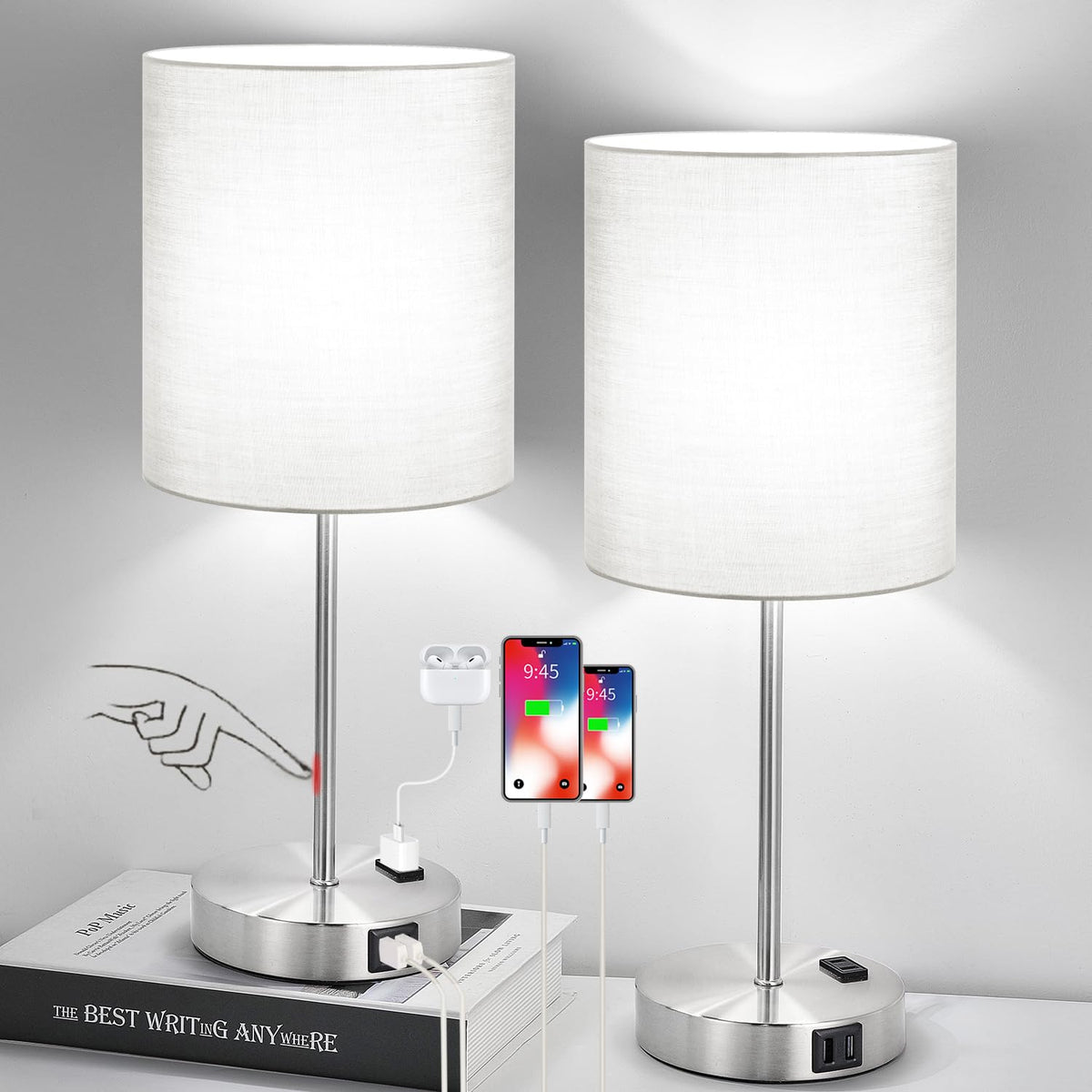 Lynnoland grey touch-control table lamp with fabric shade for soft ambient lighting