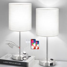 Lynnoland grey touch-control table lamp with fabric shade for soft ambient lighting