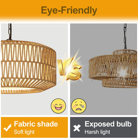 Lynnoland Hand-woven rattan shade enhances rustic boho aesthetics in living rooms and bedrooms.
