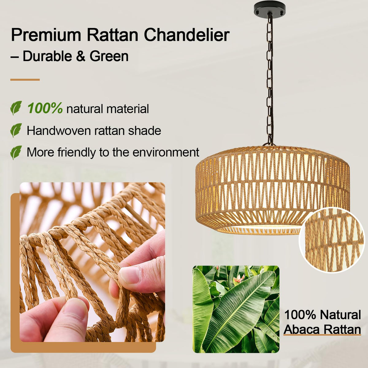 Lynnoland Height-adjustable rattan chandelier fits varying ceilings for versatile lighting.