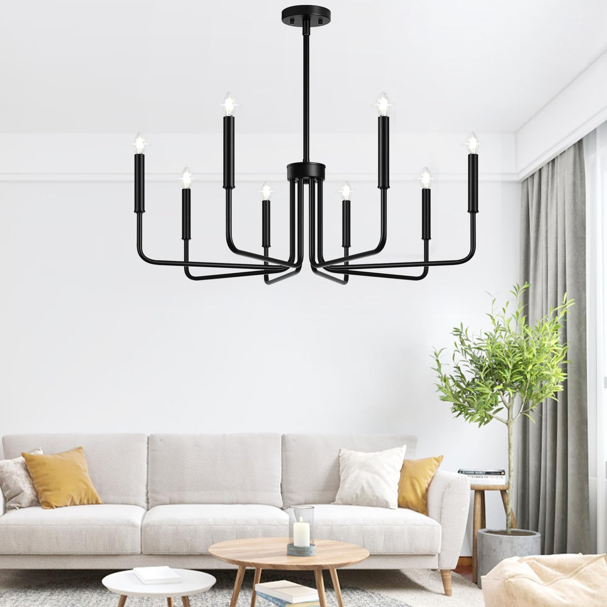 Lynnoland living room chandelier hangs elegantly over seating area