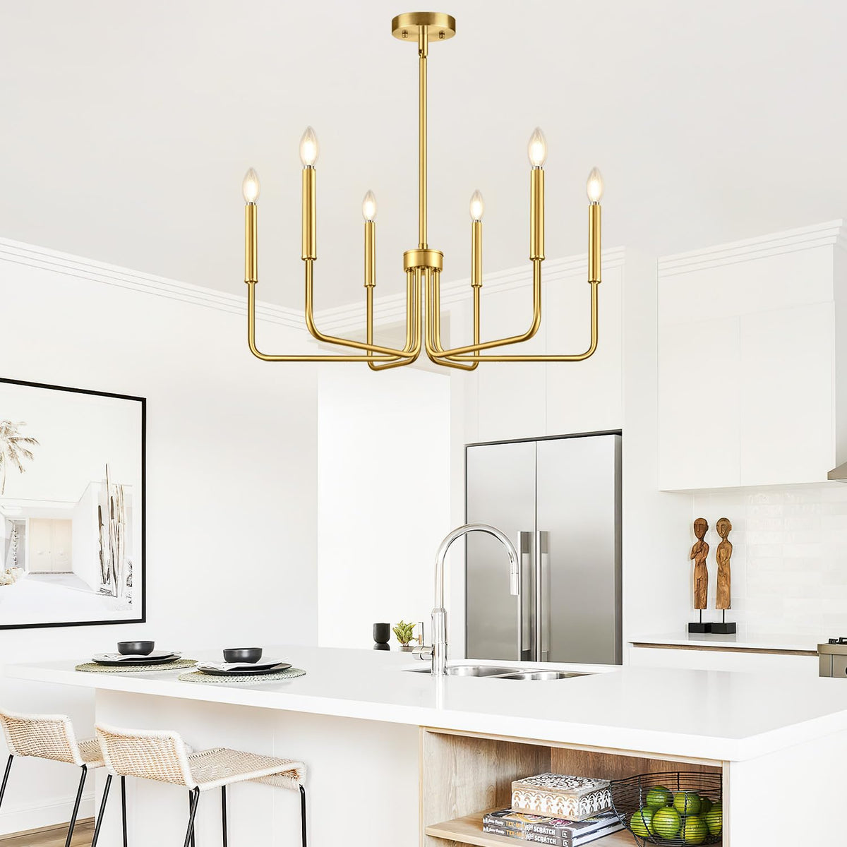 Lynnoland living room chandelier creates a focal point.