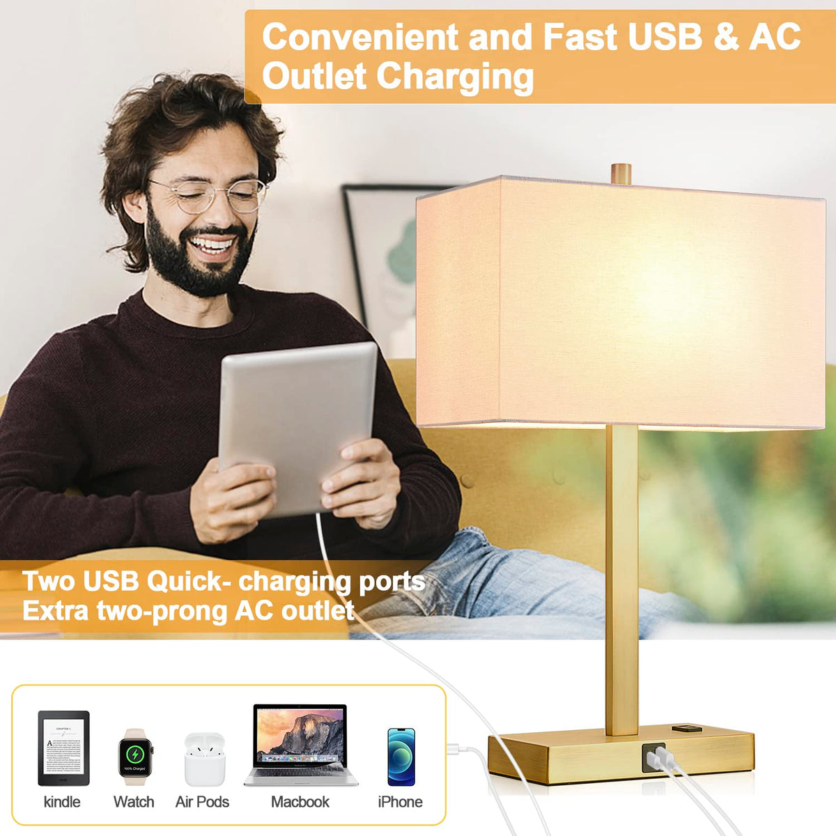 Lynnoland bedside lamp with built-in USB charging and device power