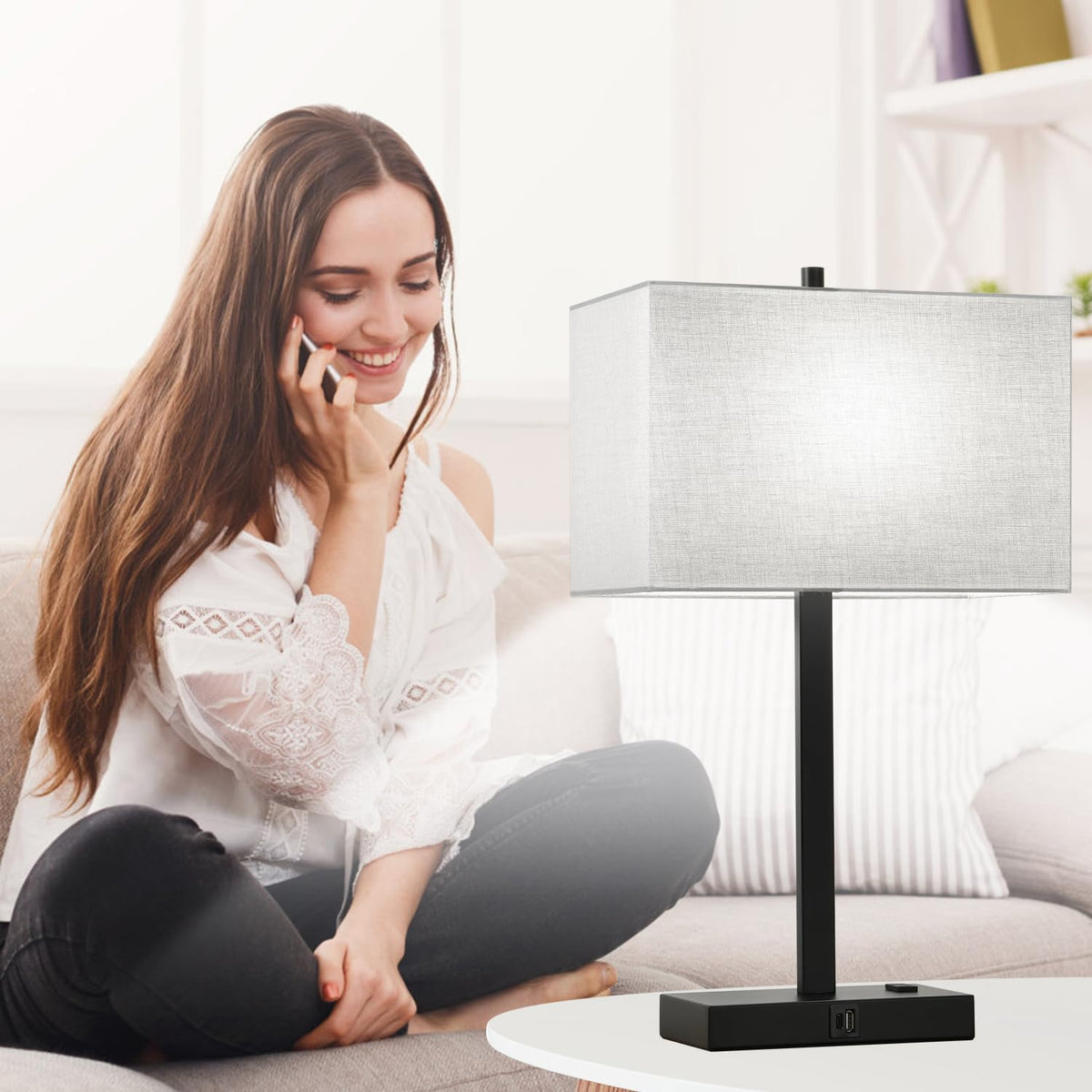 Lynnoland pair of bedside lamps shown on matching nightstands