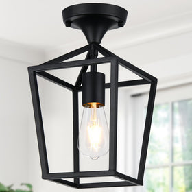 Lynnoland semi-flush mount black cage close-up shows the durable metal finish for indoor spaces.