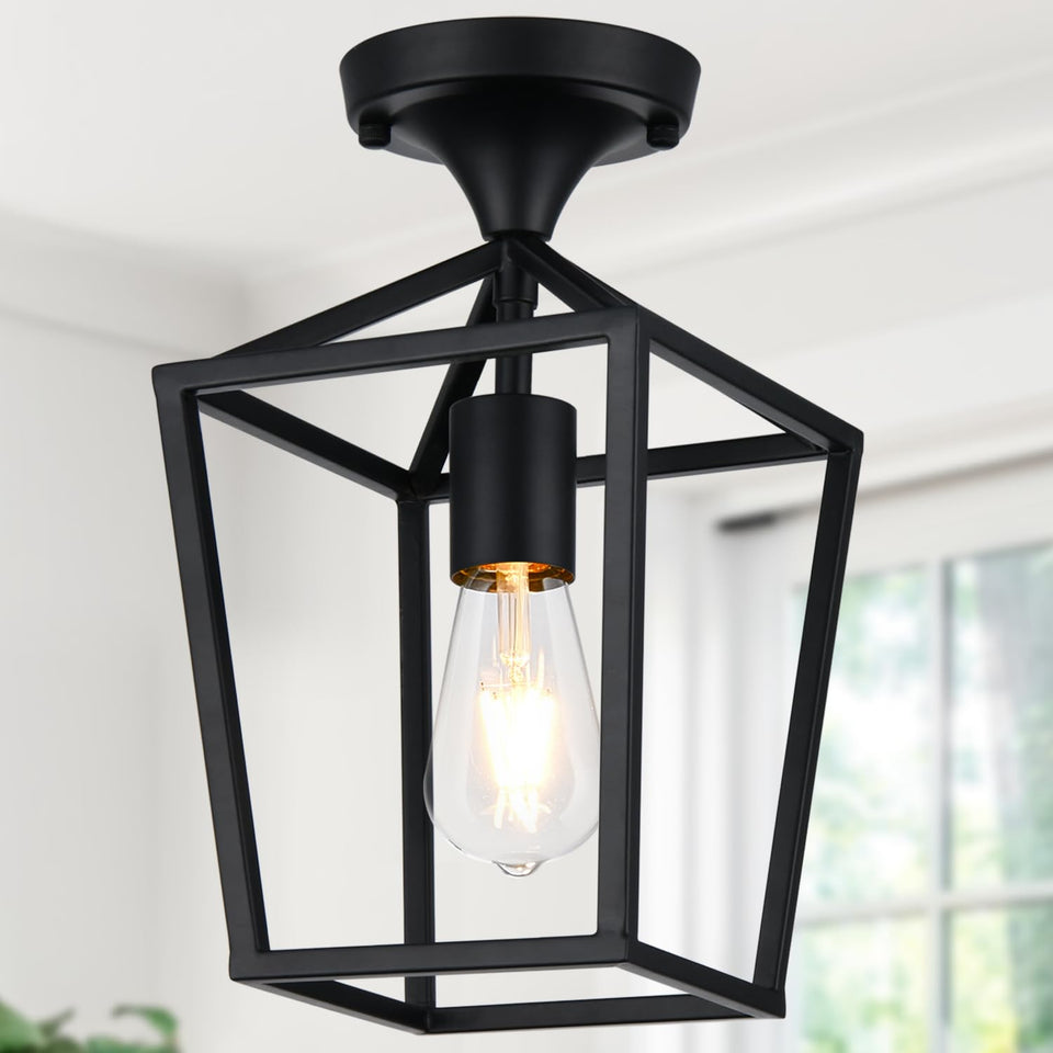 Lynnoland semi-flush mount black cage close-up shows the durable metal finish for indoor spaces.