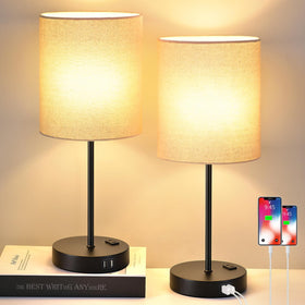 Lynnoland set 2 touch beige table lamps with USB and outlet for convenient charging.