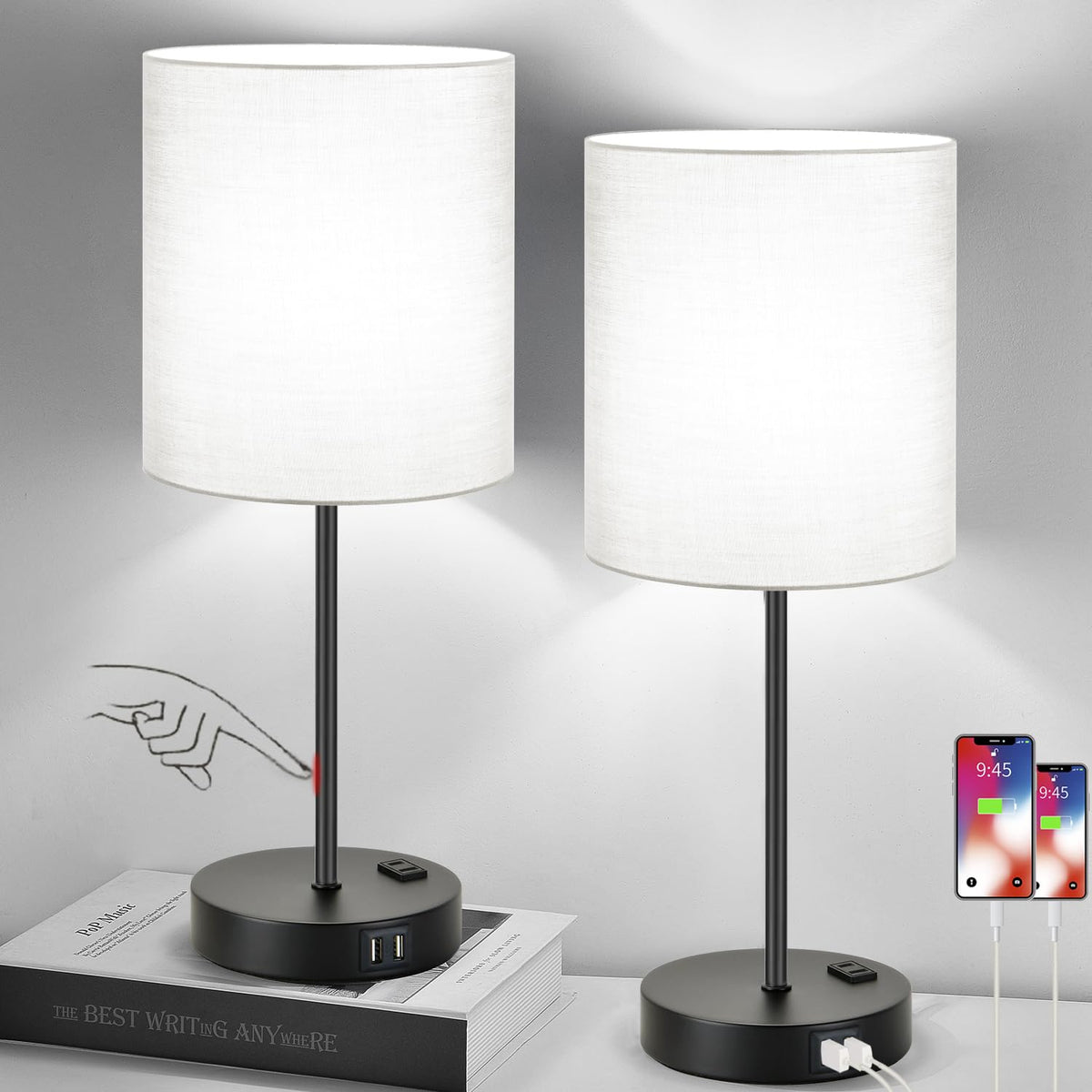Lynnoland set of two touch-control lamps with USB and outlet for bedside charging