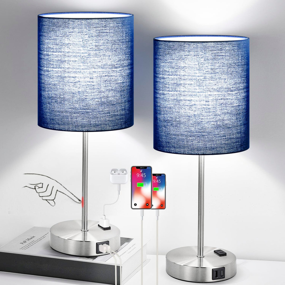 Lynnoland set of 2 touch-control lamps with USB ports and AC outlet for bedside.