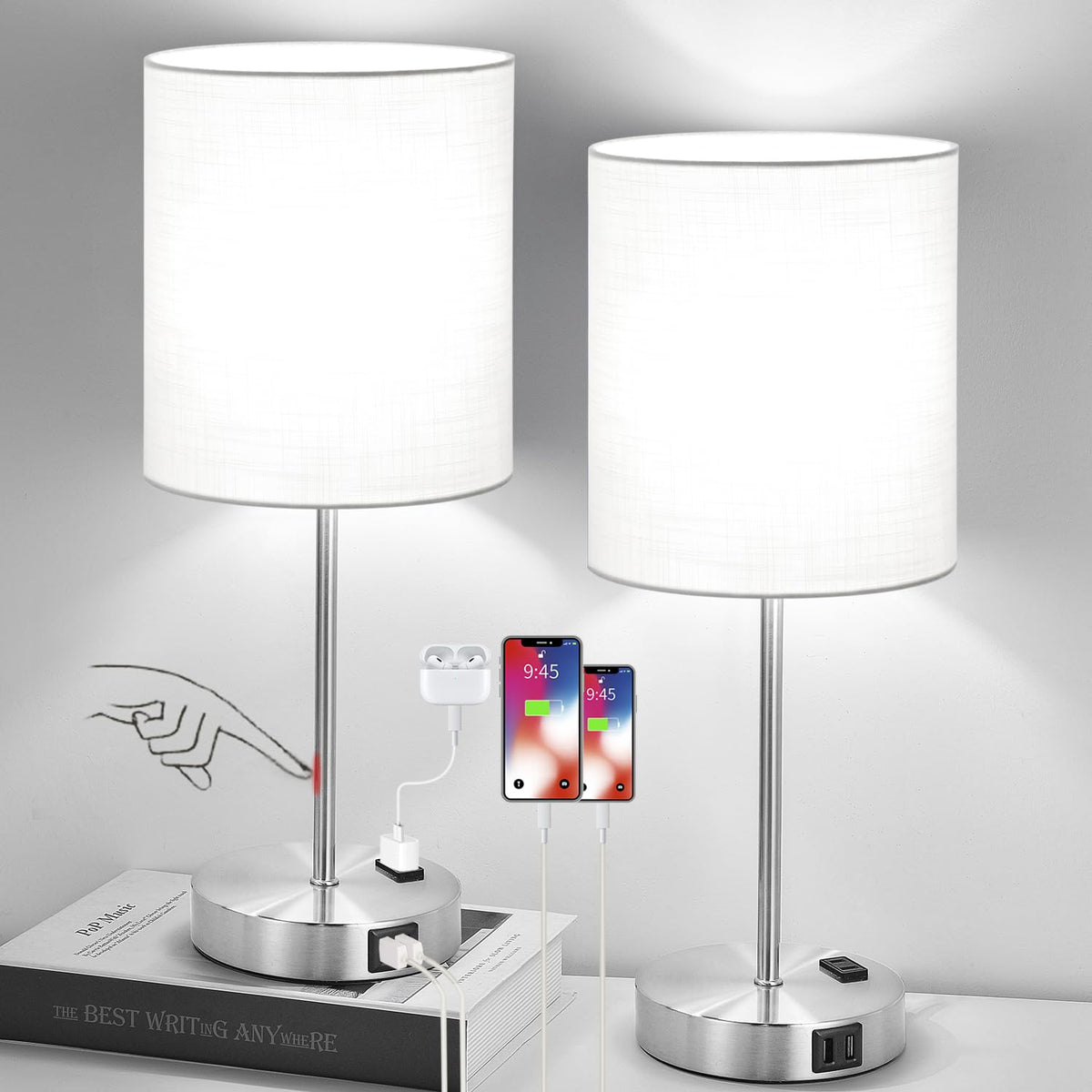 Lynnoland set2 touch white table lamps with stable base for bedside use