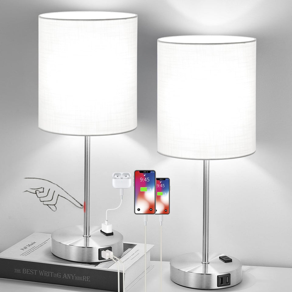 Lynnoland set2 touch white table lamps with stable base for bedside use