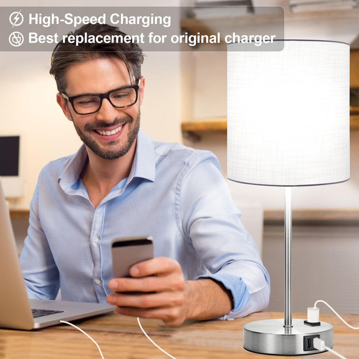 Lynnoland table lamps natural fabric shade for soft, eye-friendly light