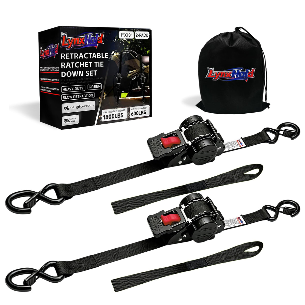 LynxHold retractable ratchet straps securing cargo on a truck bed for safe transport