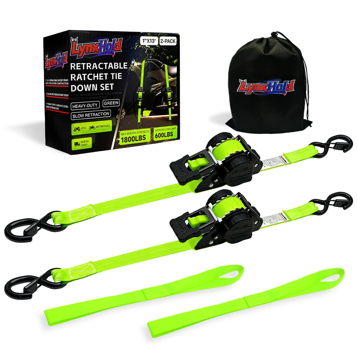 LynxHold retractable strap in green, side view for secure cargo framing.
