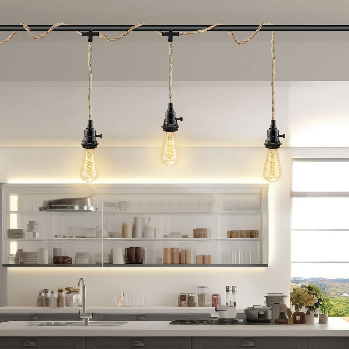 LYOOWNG 25ft hemp rope hanging light kit for flexible decor