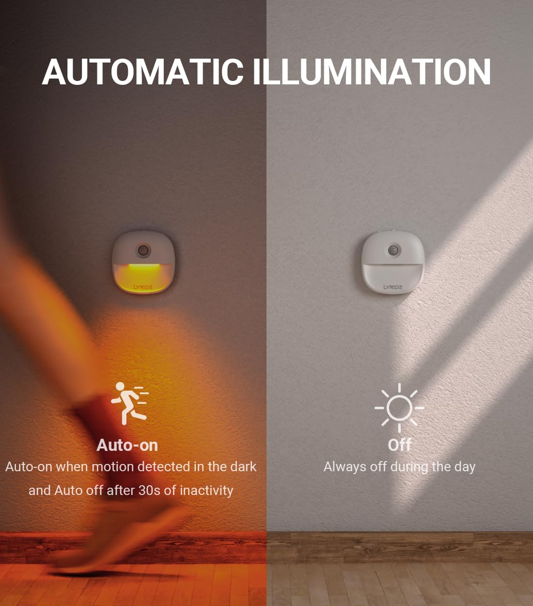 Lyridz compact night light suited for bathroom, nursery, kitchen, and more.
