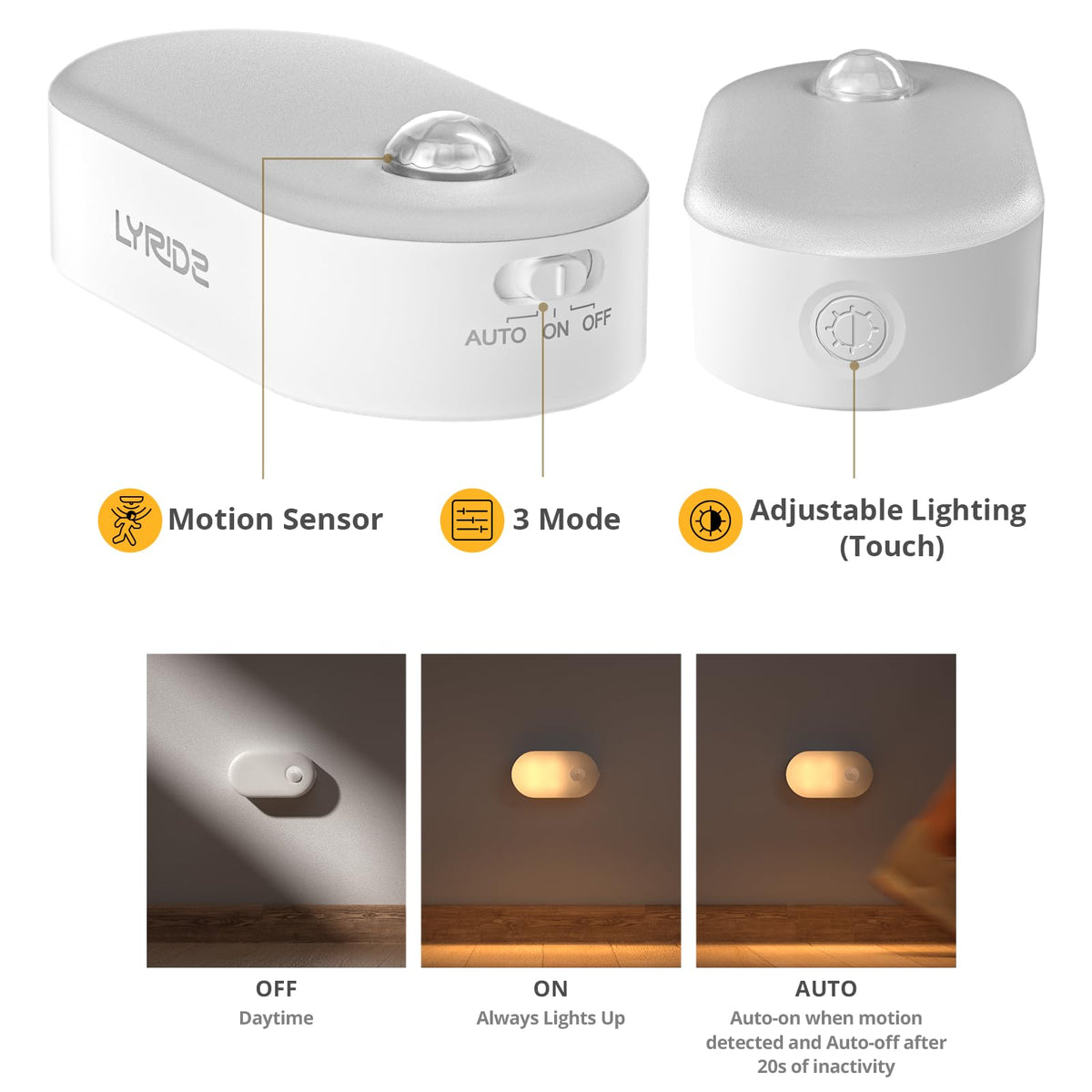 Lyridz dimmable LED night light 1-20 lm for tailored brightness.