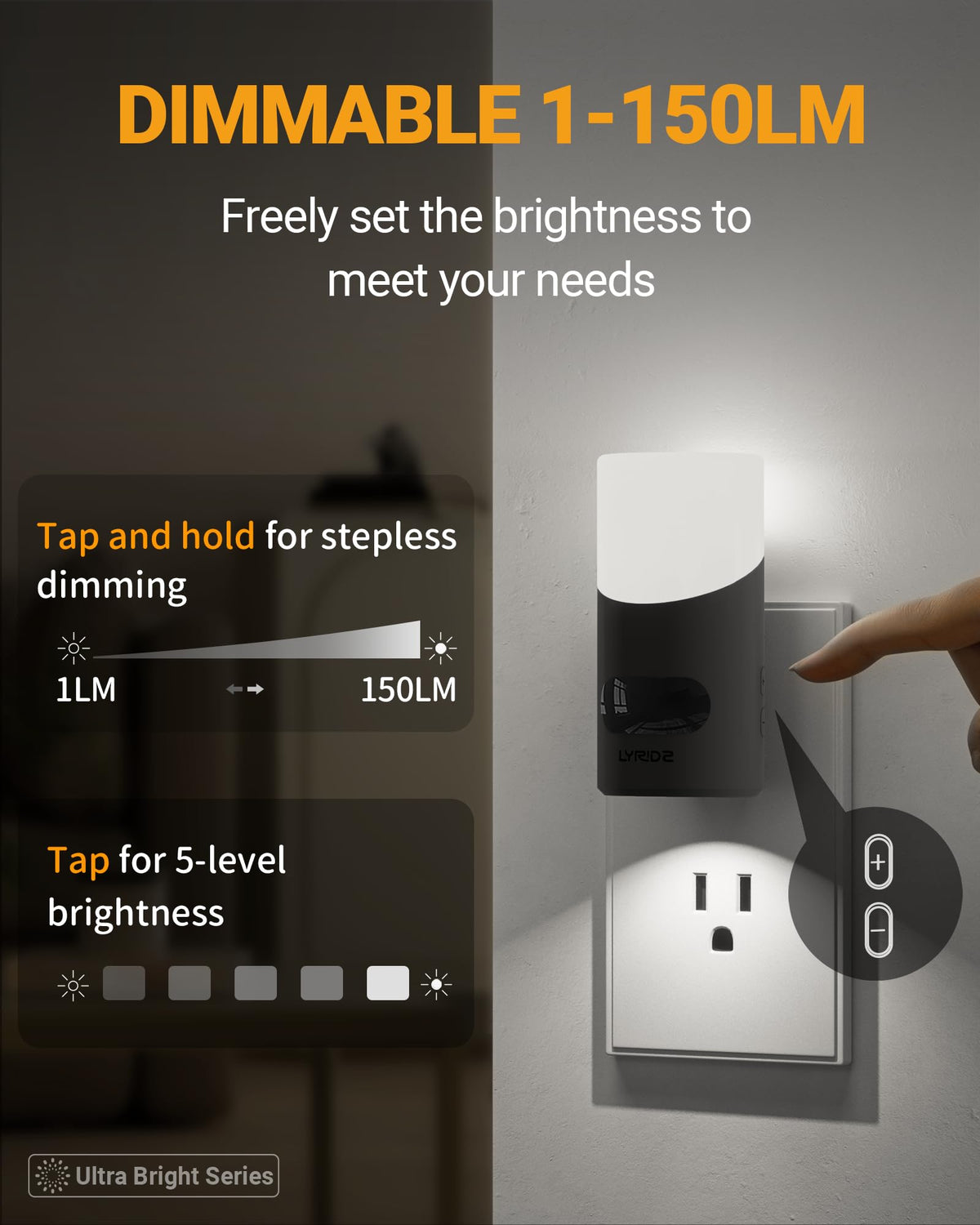 Lyridz motion-sensor-night-light-150lm dimmable adjusts to room needs.