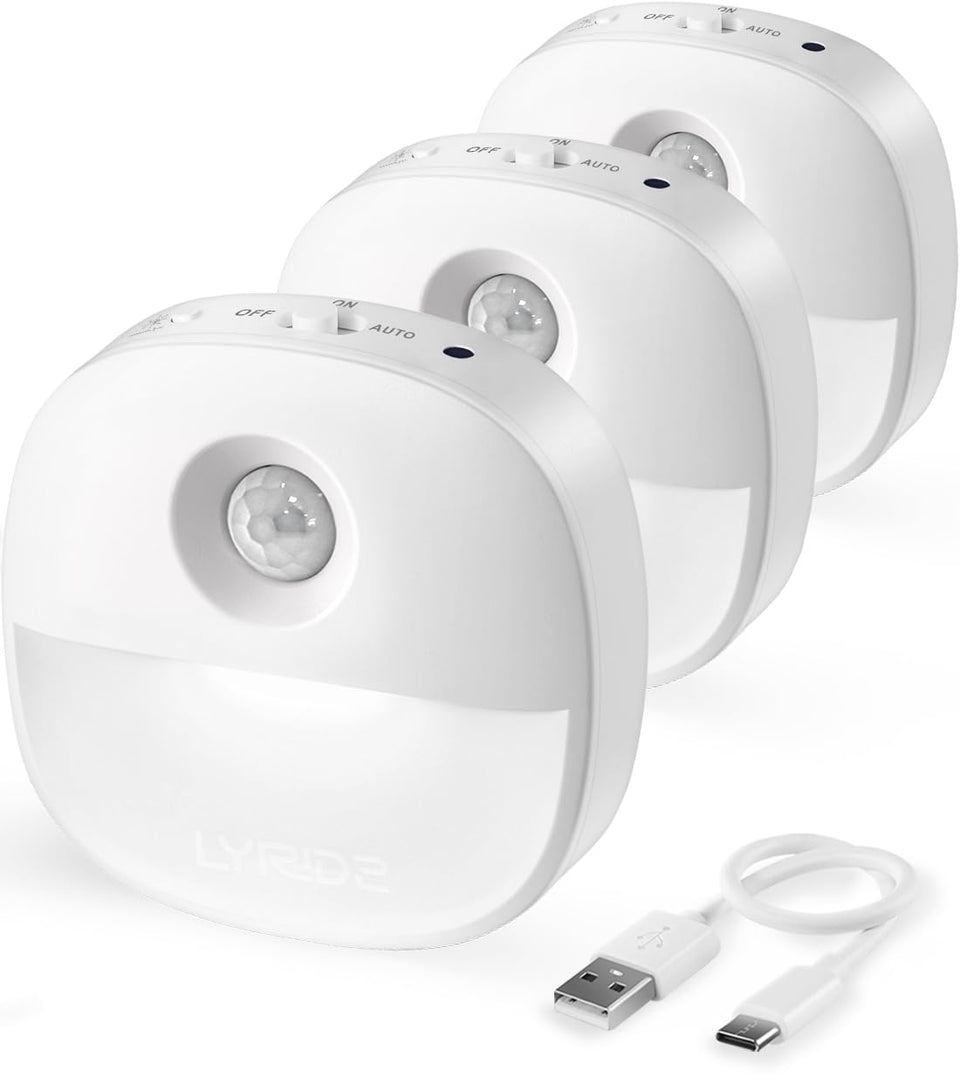 Lyridz rechargeable night light front view for subtle hallway and bedroom lighting.