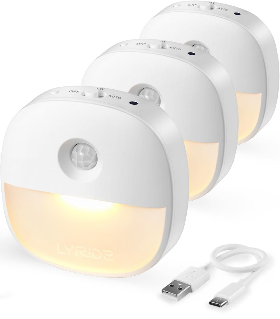 Lyridz rechargeable night light with motion sensor mounted on magnetic back for easy placement.