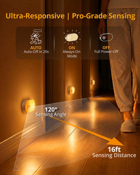 Lyridz night light on cabinet showing dimmable brightness for staircase safety.