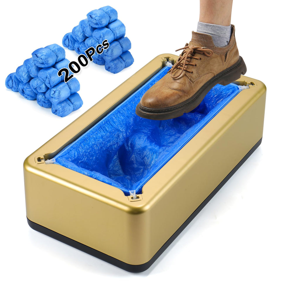 LYSHIYI shoe-cover machine with gold pedal-dispenser for rapid setup.