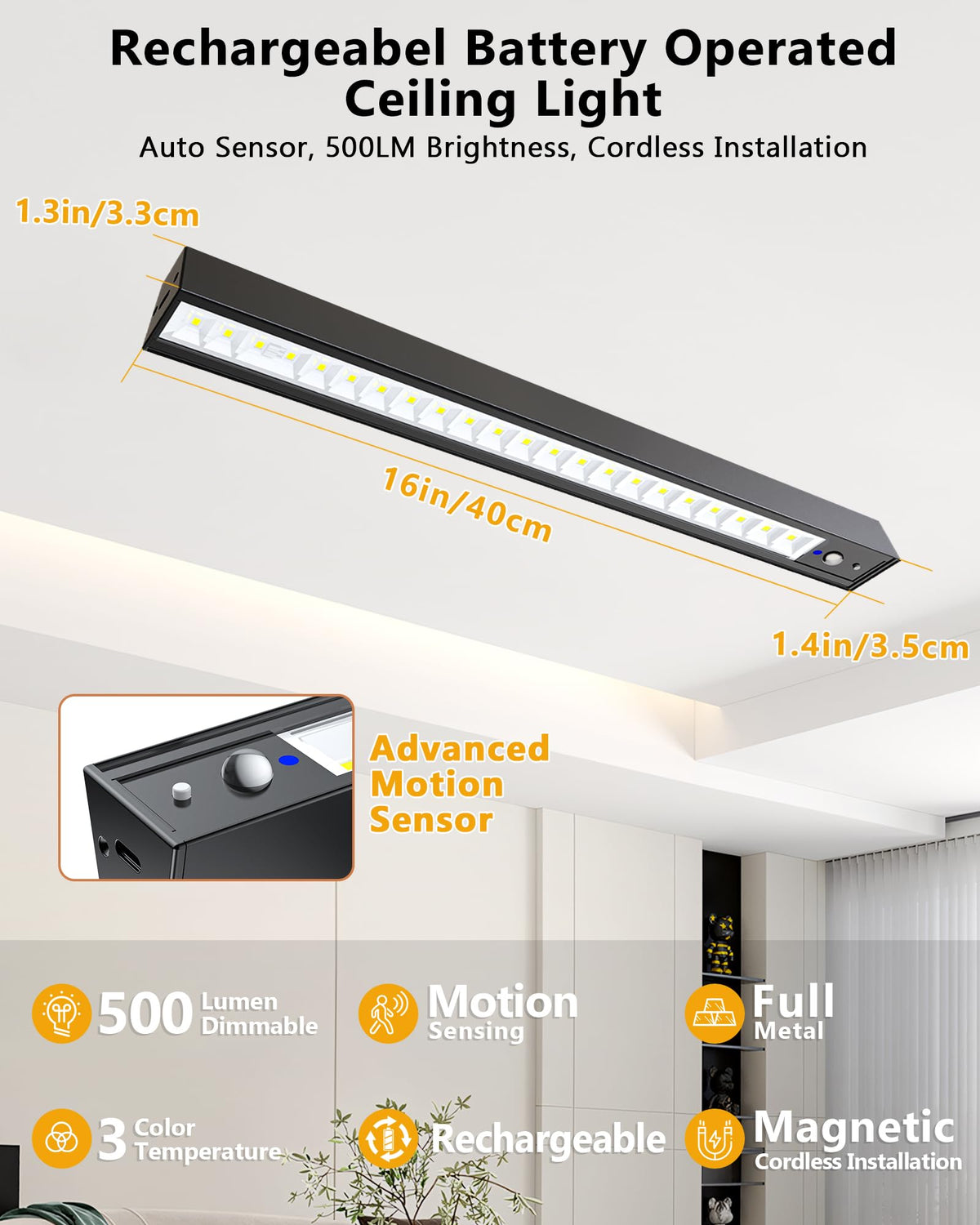 LYTARA 500lm dimmable LED light bar in black for wide area illumination