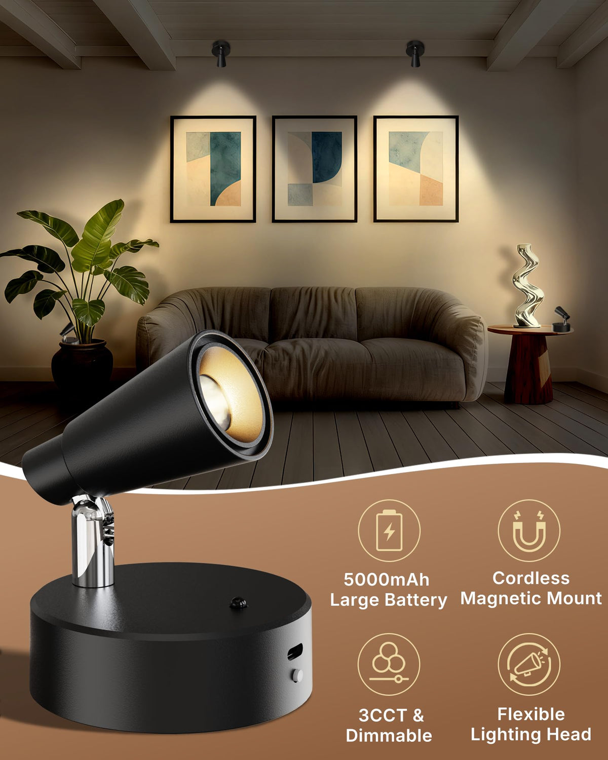 LYTARA spotlight powered by a 5000mAh battery for long use between charges.