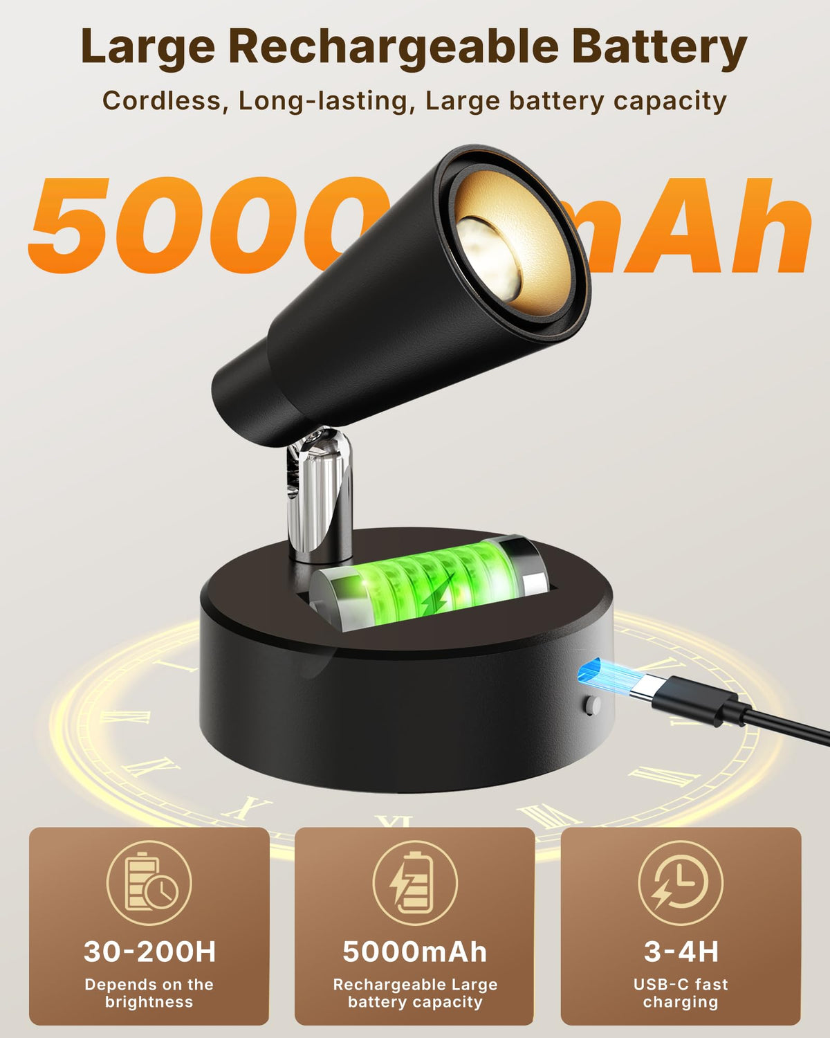 LYTARA USB-C charging keeps the two spotlights ready with fast recharge.