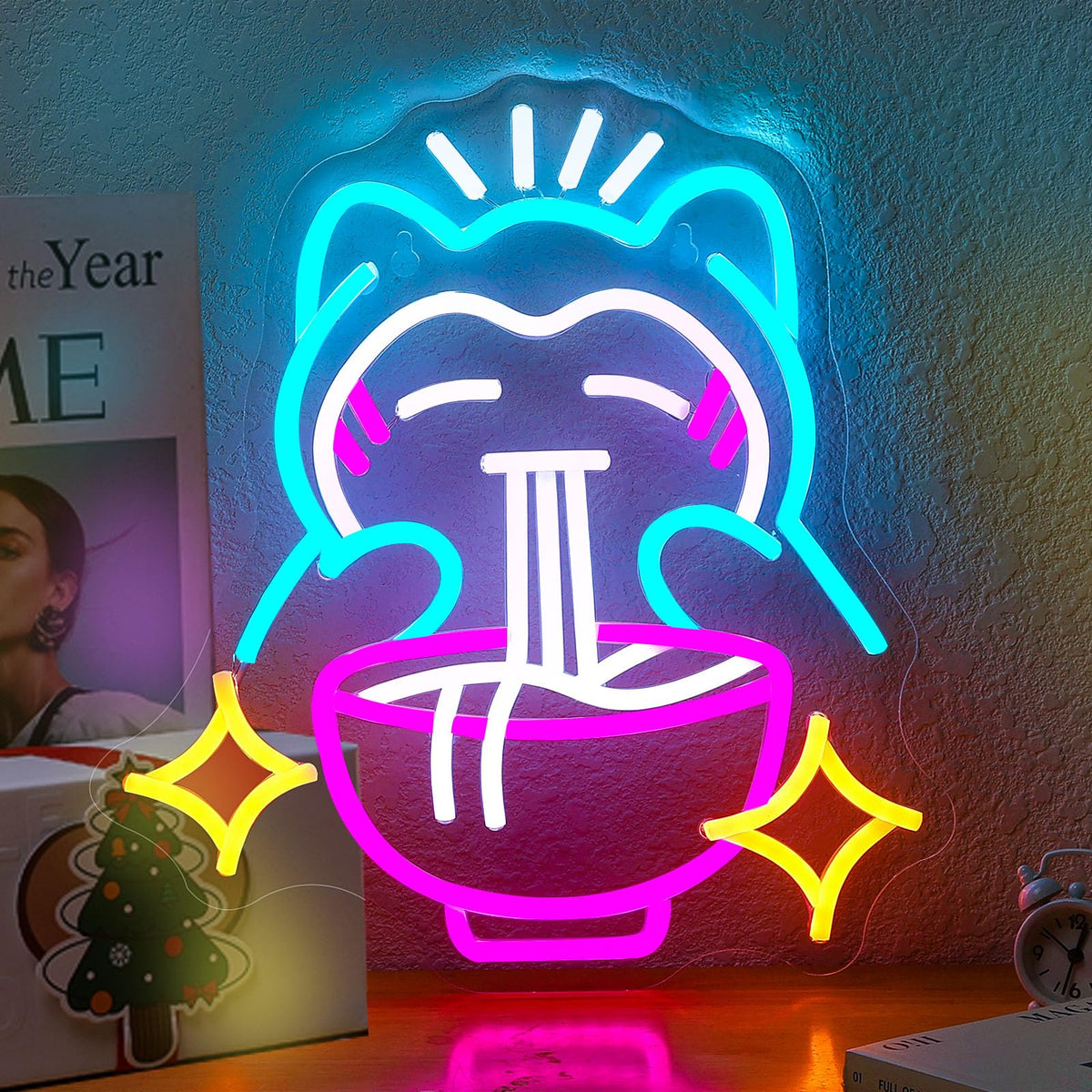 Lyuodre ramen neon sign blue bear wall display for playful room style