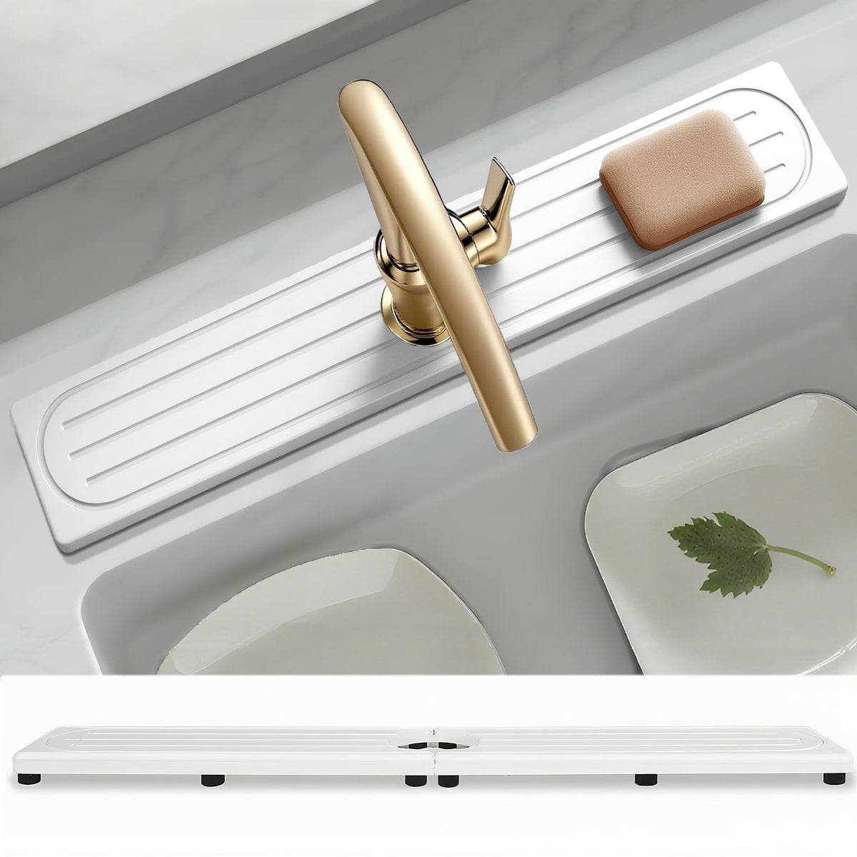 Lyxel Faucet Mat absorption closeup showing rapid water uptake for a dry counter.
