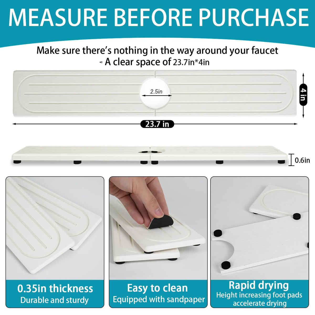 Lyxel Faucet Mat includes height-adding feet for better drainage.