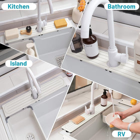Lyxel Faucet Mat center hole accommodates standard fixtures for easy fit.