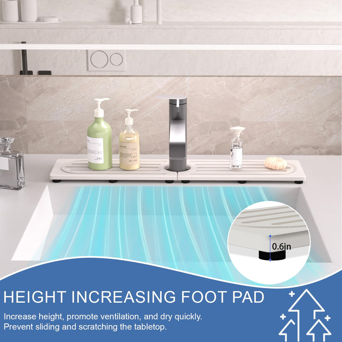 Lyxel faucet mat complements modern countertops with practical organization.