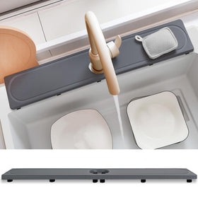 Lyxel faucet mat with raised feet protects countertops and promotes quick drying around the sink.