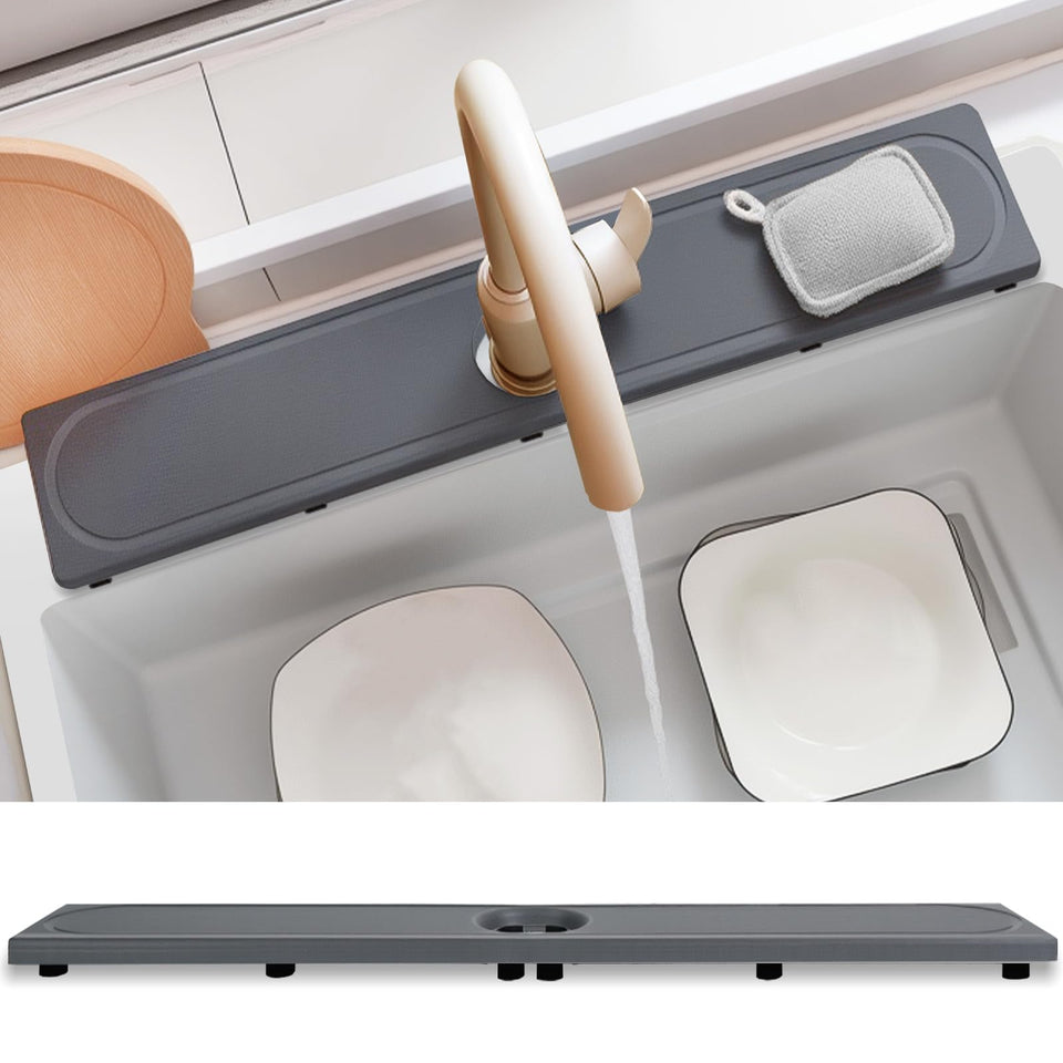 Lyxel faucet mat with raised feet protects countertops and promotes quick drying around the sink.
