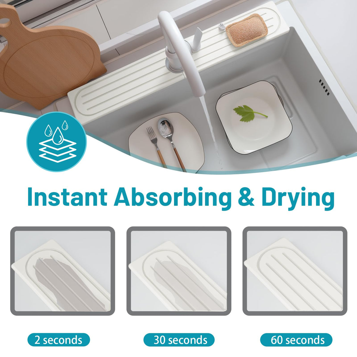 Lyxel Faucet Mat splash guard helps keep the sink area clean.