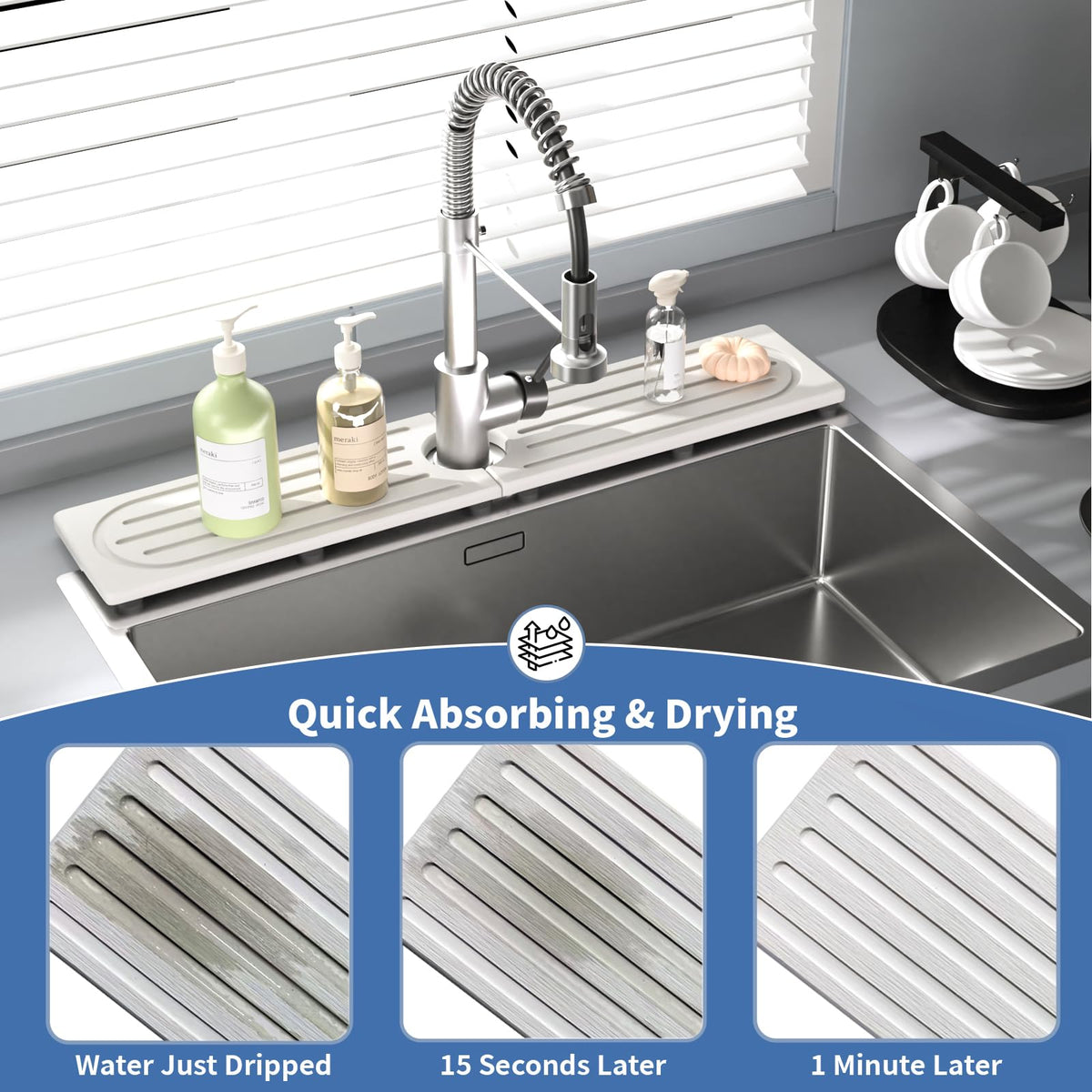 Lyxel stone drying tray protects countertops from water stains.