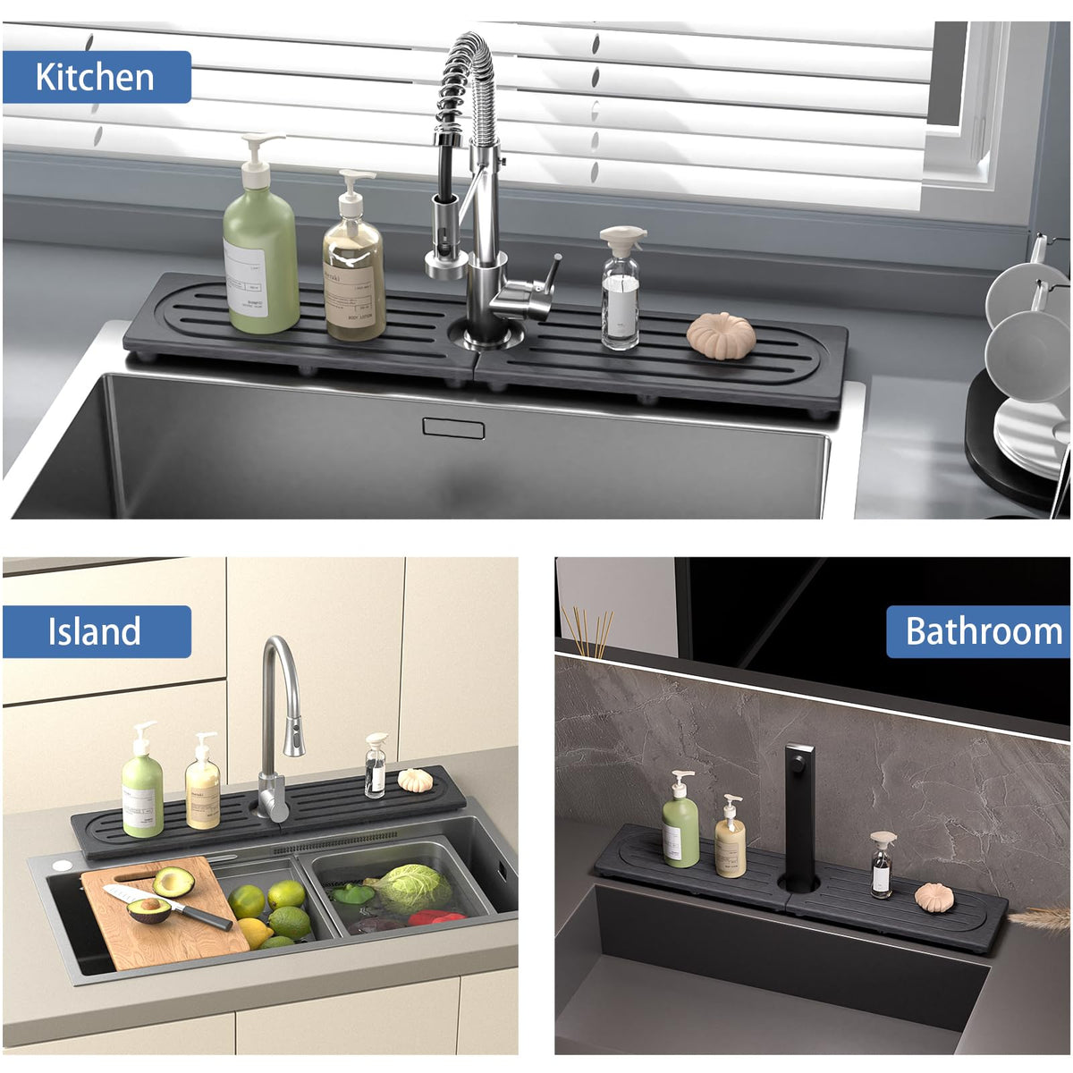 Lyxel Stone Faucet Mat features a center hole for faucet clearance.