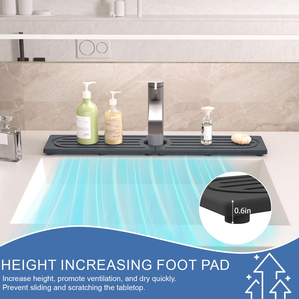Lyxel Stone Faucet Mat with silicone feetpads improves grip and airflow around the sink.