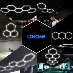 LZHOME LED hexagon garage light in use on a workbench, improving visibility