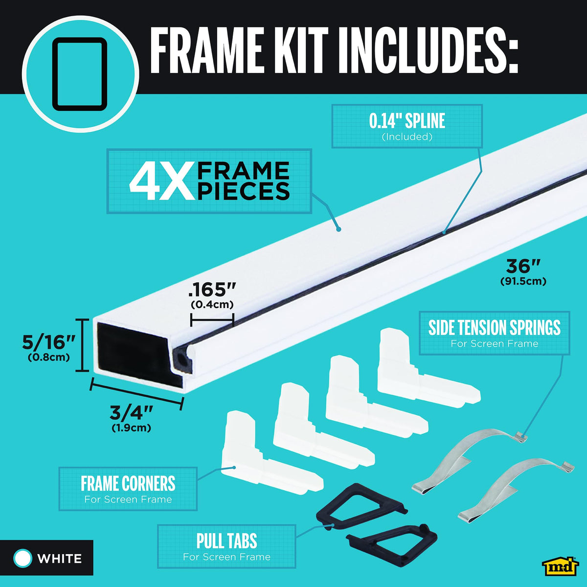 MD Building Products 14104 white aluminum frame designed for easy screen replacement.