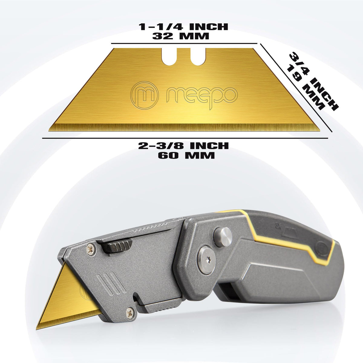 M MEEPO blade close-up reveals a sharp edge and precision