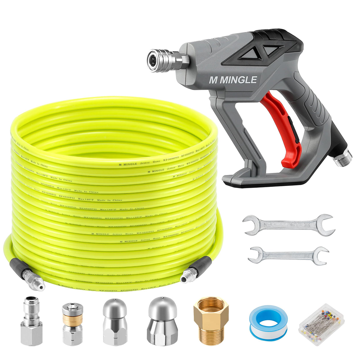 M MINGLE sewer jetter kit with 100 ft hose for powerful clog clearance.