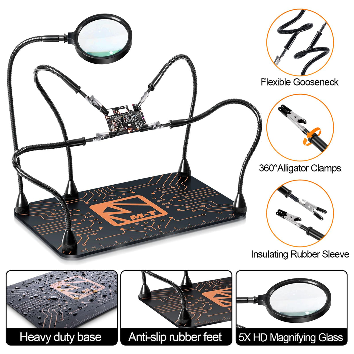 M-T Helping Hands non-slip bottom pads keep the workstation steady during precision work