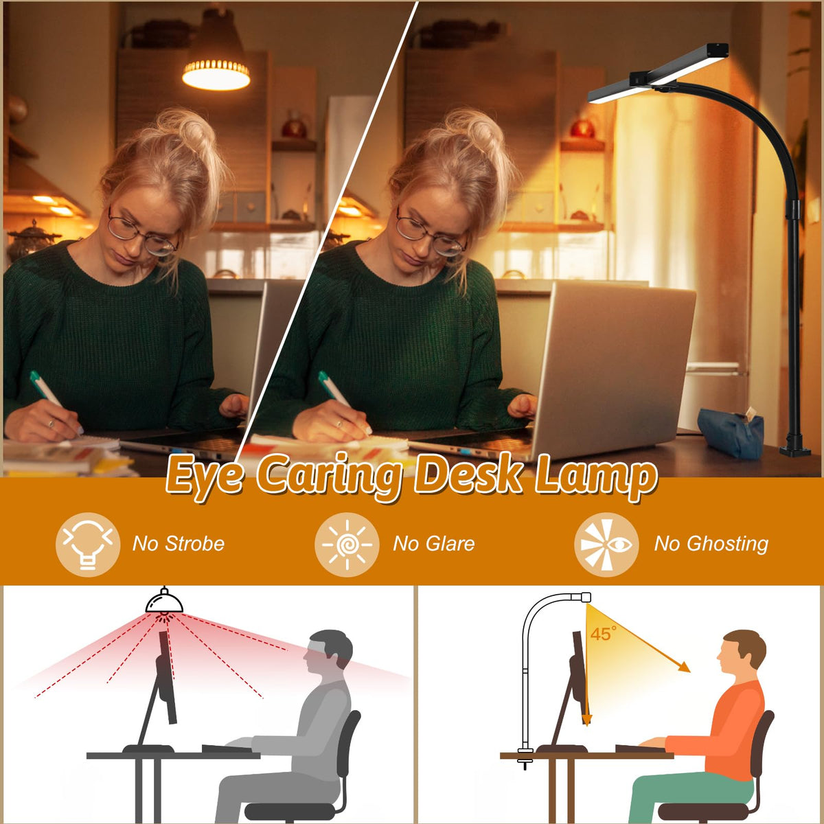 MACASA LED Desk Lamp clamp base saves desk space with stable mounting.