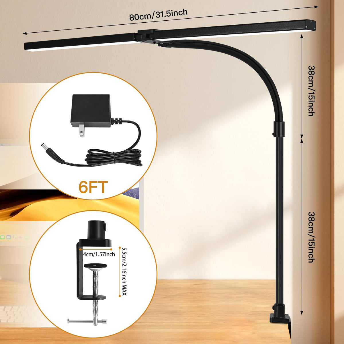MACASA LED Desk Lamp double-head design provides broad illumination for multi-monitor setups.