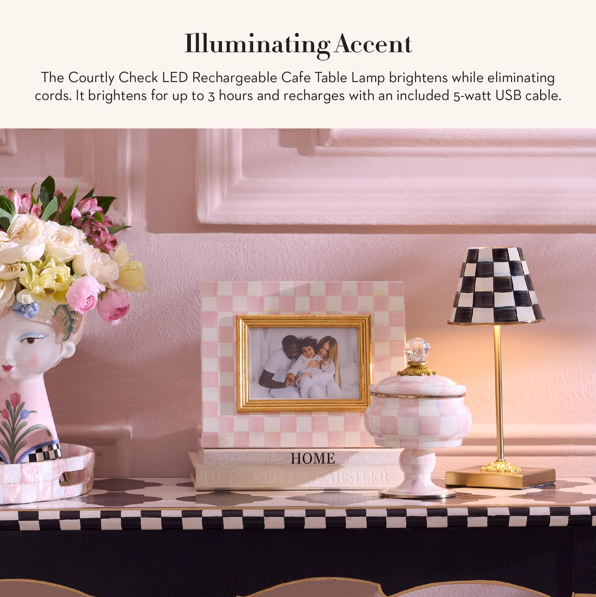 MacKenzie-Childs Courtly Check hand-painted enamel base adds timeless charm to any table.
