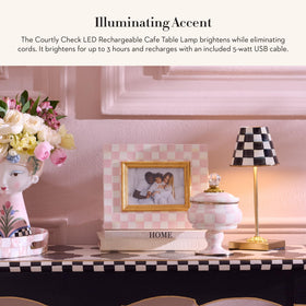 MacKenzie-Childs Courtly Check hand-painted enamel base adds timeless charm to any table.